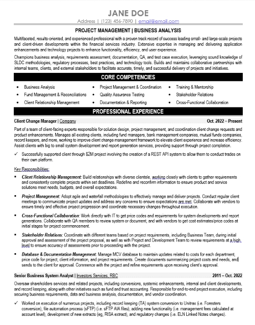 Banking Business Analyst Resume Sample & Template