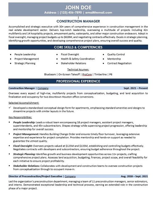 executive construction manager resume sample & Template