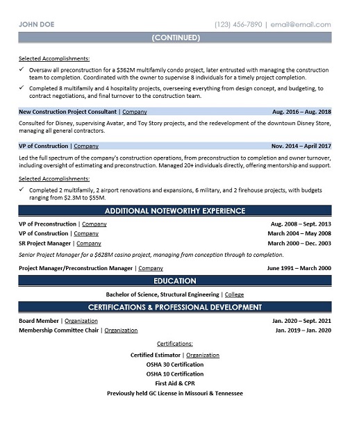 Construction Manager Resume Sample & Template Page 2