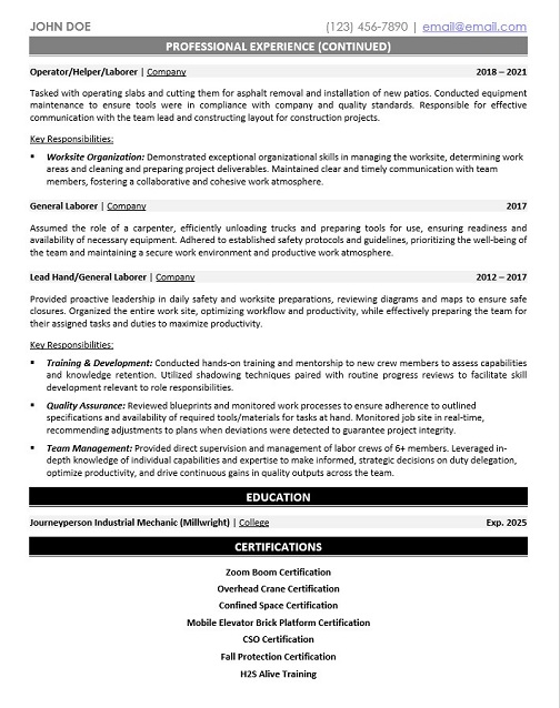 Millwright Apprentice Resume Sample & Template Page 2