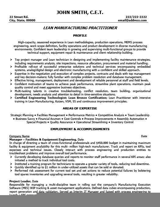Lean Manufacturing Resume Sample & Template
