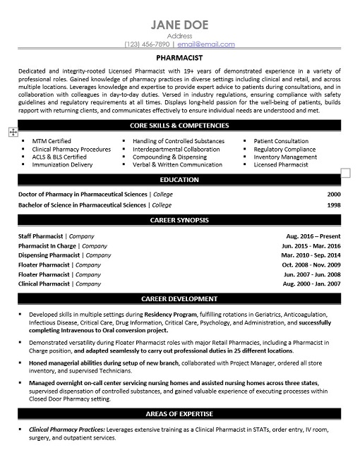 Professional Pharmacist Resume Sample & Template