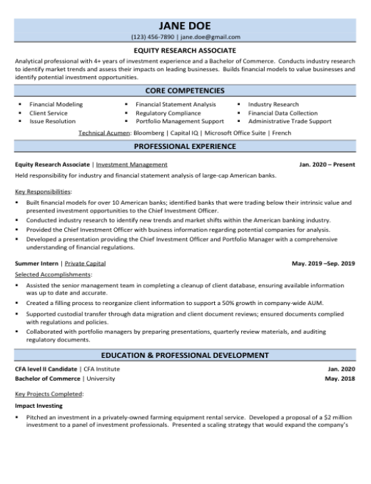 Equity Research Associate Resume Sample & Template