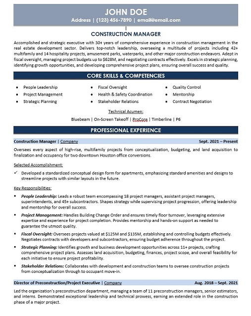 Construction Manager Resume Sample & Template