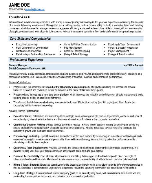 Dental Laboratory CEO Resume Sample & Template
