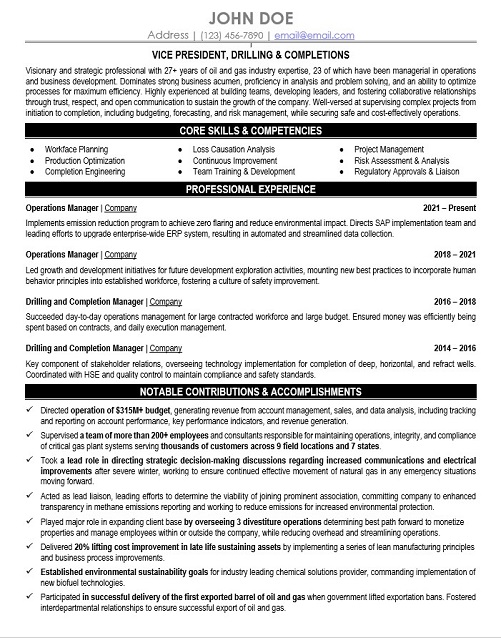 Vice President Drilling Operations Resume Sample & Template