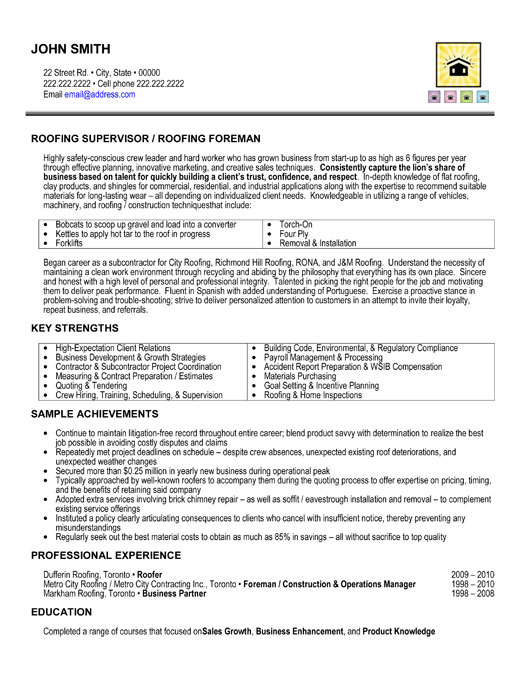 Roofing Foreman Resume Sample & Template