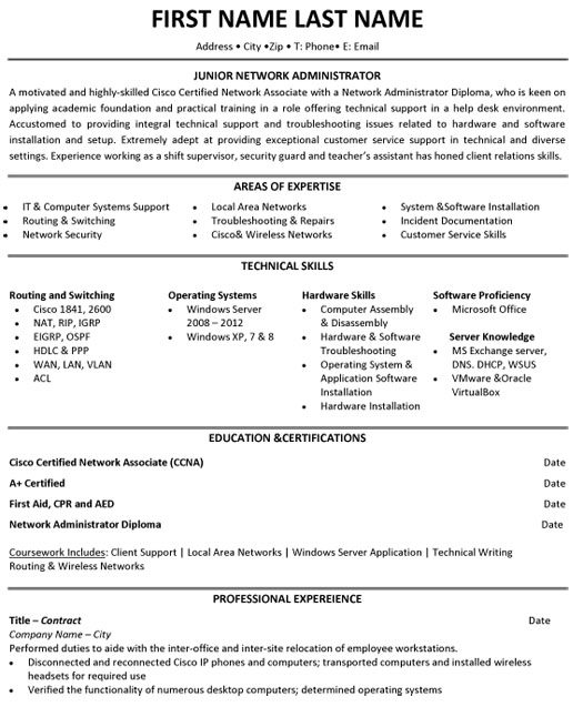 Jr.Network Administrator Resume Sample & Template