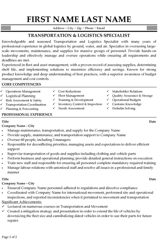 Logistic Specialist Resume Sample & Template