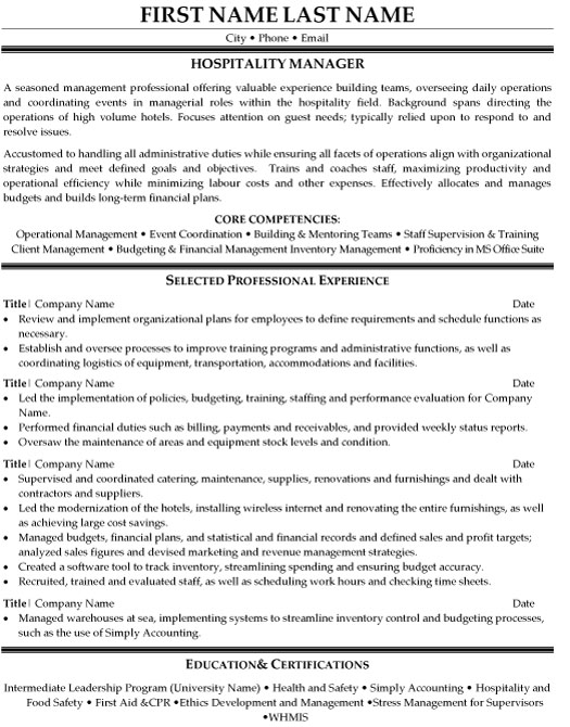 Hospitality Manager Resume Sample & Template