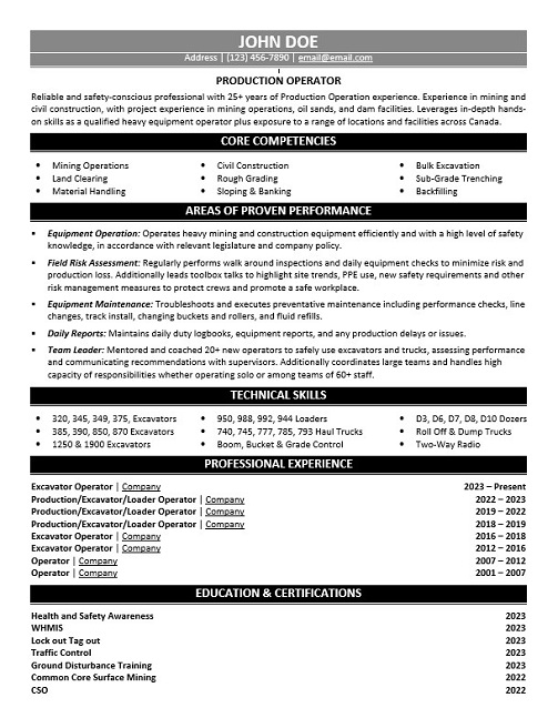 Mining Production Operator Resume Sample & Template