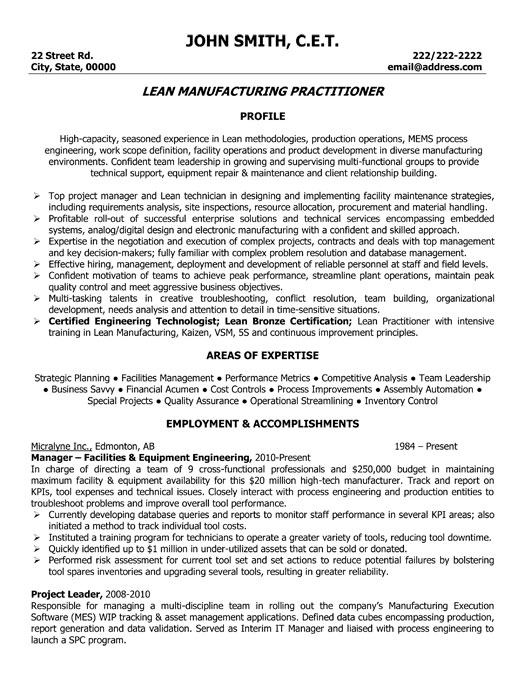 Lead Manufacturing Practitioner Resume Sample & Template