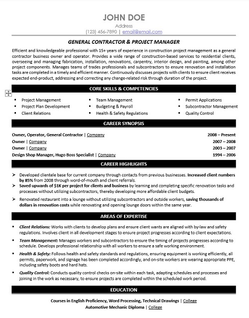 Construction Project Manager Resume Sample & Template