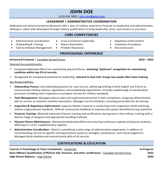 Armoured Crewman Resume Sample & Template