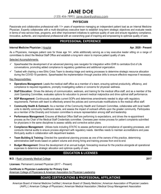 Physician Resume Sample & Template