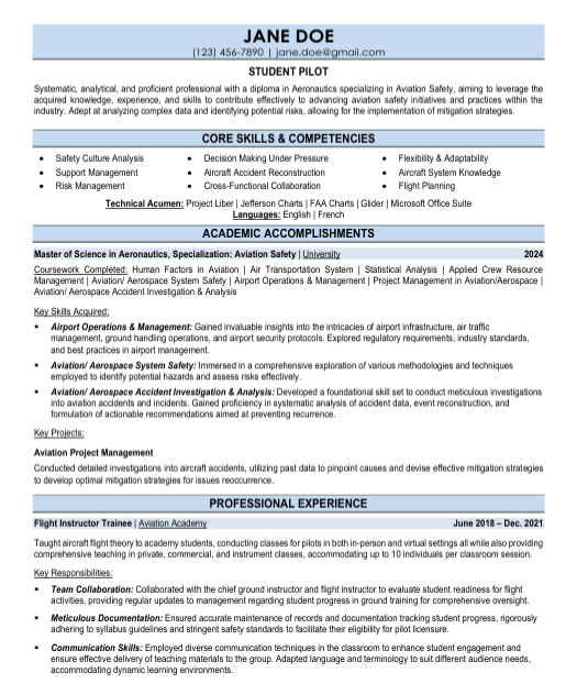 Student Pilot Resume Sample & Template
