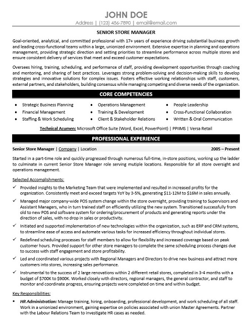 Senior Store Manager Resume Sample & Template