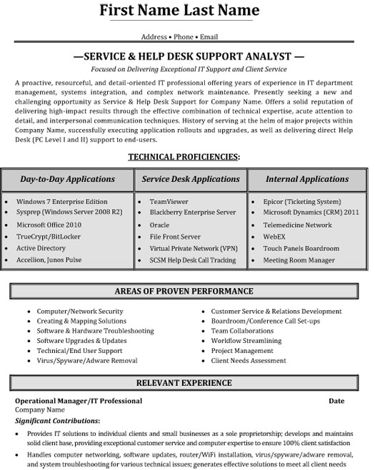 service desk analyst resume sample