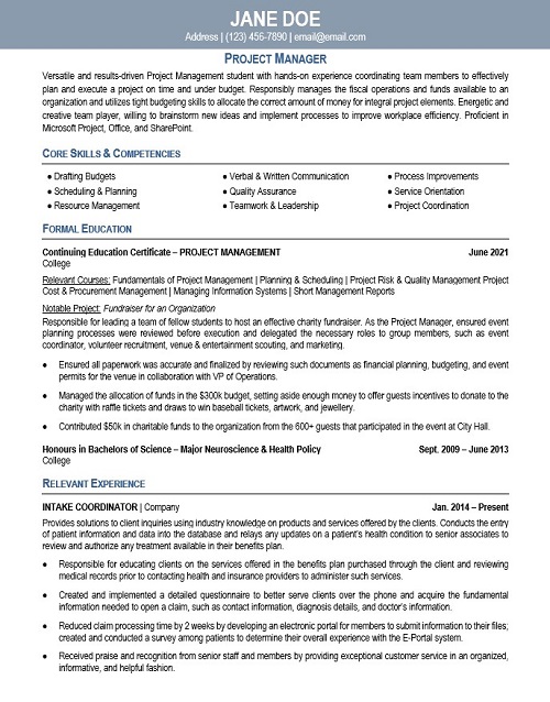 Entry Project Manager Resume Sample & Template